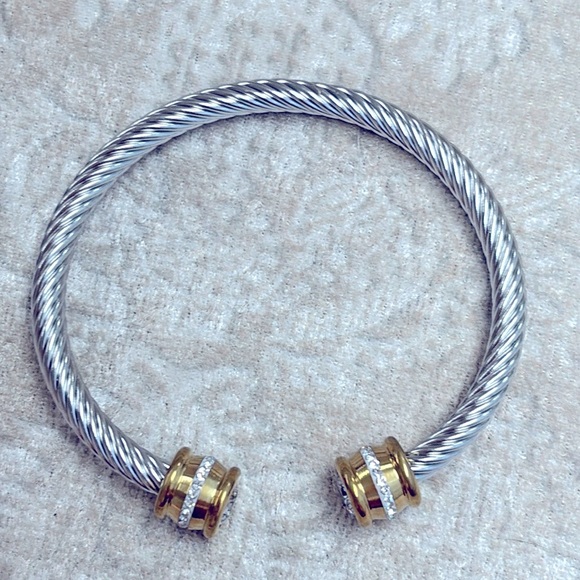 Gold & Silver Two-Tone Twisted Cable Cuff Bangle Bracelet Crystal Rhinestone - Picture 3 of 12